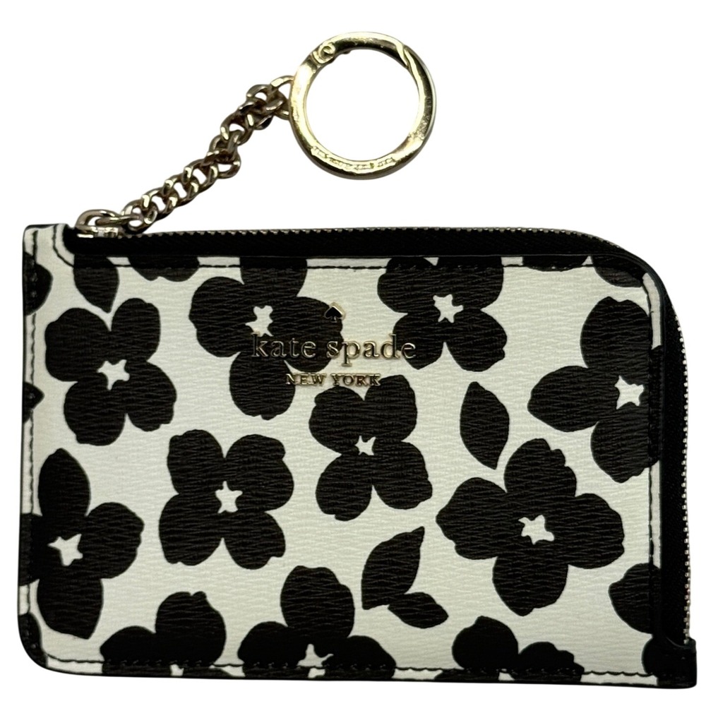 Kate Spade New York Black White Floral Leather Zip Card Holder Wallet S338